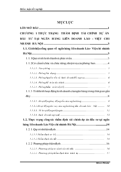 Giải pháp hoàn thiện công tác thẩm định tài chính dự án đầu tư ngân hàng NHLD Lào-Việt (LVB) - Chi nhánh Hà Nội