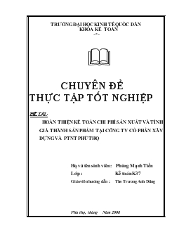 Hoàn thiện kế toán chi phí sản xuất và tính giá thành sản phẩm ở Công ty cổ phầnxây dựng và Phát triển nông thôn Phú Thọ