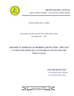 Tổng Kết Và Đánh Giá Hiệu Quả Của Các Mô Hình Canh Tác Nông Thủy Sản Và Chăn Nuôi Trong Mùa Lũ Năm 2004 Huyện Châu Phú, Tỉnh An Giang