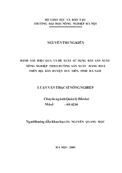 Đánh giá hiệu quả và đề xuất sử dụng đất sản xuất nông nghiệp theo hướng sản xuất hàng hoá trên địa bàn huyện Duy Tiên, tỉnh Hà Nam