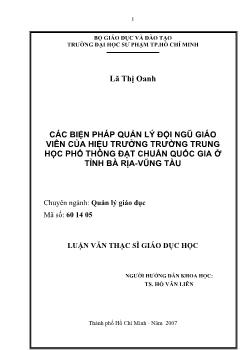 Các biện pháp quản lý đội ngủ Giáo viên của Hiệu trưởng trường Trung học phổ thông (THPT) đạt chuẩn quốc gia ở Tỉnh Bà Rịa - Vũng Tàu