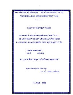 Đánh giá đáp ứng miễn dịch của Vịt được tiêm Vacxin Cúm gia cầm H5N1 tại Trung tâm nghiên cứu Vịt Đại Xuyên