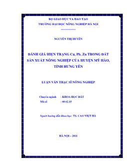 Đánh giá hiện trạng Cu, Pb, Zn trong đất sản xuất nông nghiệp của huyện Mỹ Hào, tỉnh Hưng Yên