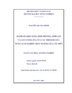Đánh giá khả năng sinh trưởng, sinh sản và sản lượng sữa của các nhóm bò sữa nuôi tại xí nghiệp chăn nuôi bò sữa Cầu diễn