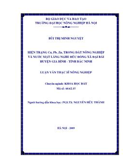 Hiện trạng Cu, Pb, Zn trong đất nông nghiệp và nước mặt làng nghề đúc đồng xã Đại bái Huyện Gia bình Tỉnh Bắc ninh
