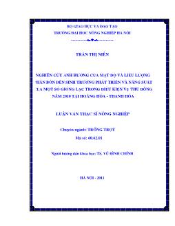 Nghiên cứu ảnh hưởng của mật độ và liều lượng phân bón đến sinh trưởng phát triển và năng suất của một số giống lạc trong điều kiện vụ thu đông năm 2010 tại Hoằng Hoá-Thanh Hoá