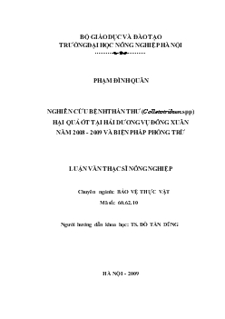 Nghiên cứu bệnh thán thư (Colletotrichum spp) hại quả ớt tại Hải Dương vụ đông xuân năm 2008 - 2009 và biện pháp phòng trừ