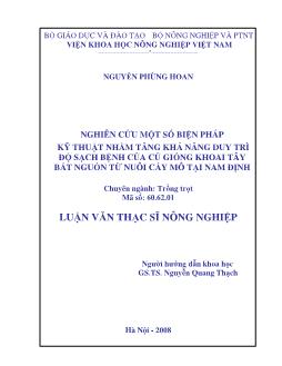 Nghiên cứu một số biện pháp kỹ thuật tăng khả năng duy trì độ sạch bệnh của củ giống khoai tây bắt nguồn từ nuôi cấy in vitro cho vùng Đồng bằng Sông Hồng