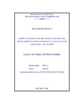 Nghiên cứu một số chỉ tiêu sinh lý, sinh hoá máu trong thời kỳ lão hoá ở khỉ Macaca mulatta nuôi tại đảo rều - Quảng Ninh