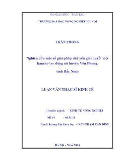 Nghiên cứu một số giải pháp chủ yếu giải quyết việc làm cho lao động nữ huyện Yên Phong, tỉnh Bắc Ninh