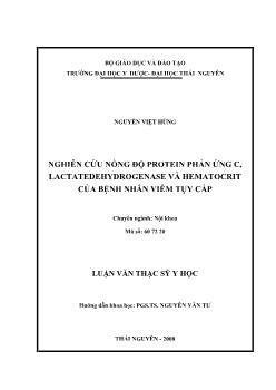 Nghiên cứu nồng độ Protein phản ứng C, LACTATEDEHYDROGENASE và HEMATOCRIT của bệnh nhân viêm tụy cấp