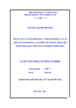 Phân lập và xác định đặc tính sinh học của vi khuẩn Salmonella tại một số trang trại lợn nuôi theo quy mô công nghiệp ở miền bắc