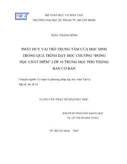 Phát huy vai trò trung tâm của học sinh trong quá trình dạy học chương động học chất điểm lớp 10 Trung học phổ thông (THPT)