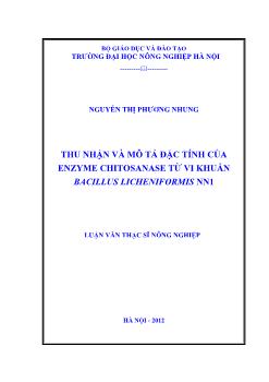 Thu nhận và mô tả đặc tính của Enzyme Chitosanasse từ Vi khuẩn Bacilus Licheniforrmis NN1