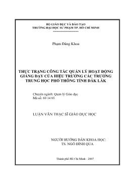 Thực trạng công tác quản lý giảng dạy của hiệu trưởng các trường Trung học phổ thông (THPT) tỉnh Đăk Lăk