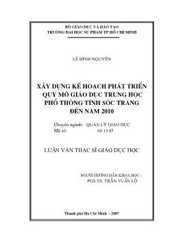 Xây dựng kế hoạch phát triển quy mô giáo dục Trung học phổ thông (THPT) Tỉnh Sóc trăng đến năm 2010